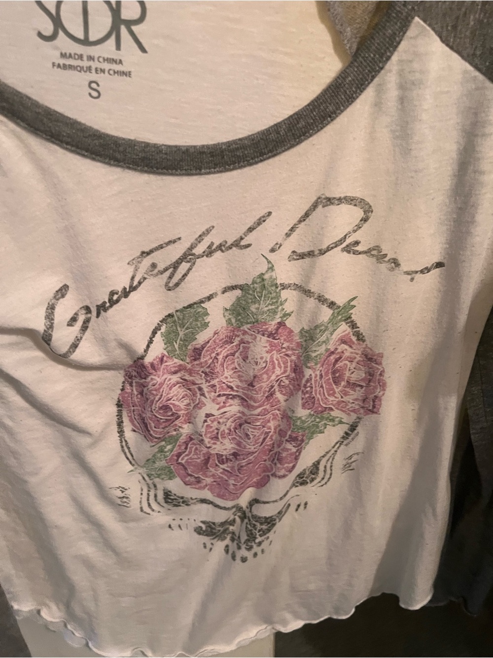 White & Gray Long Sleeve Raglan Tee with Pink Rose Graphic Grateful Dead logo